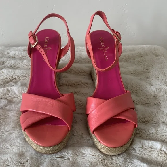 Cole Haan Wedge Sandals. NWOT Coral Pink Leather.Size 8. Espadrille 3 1/2” heel - Picture 3 of 9